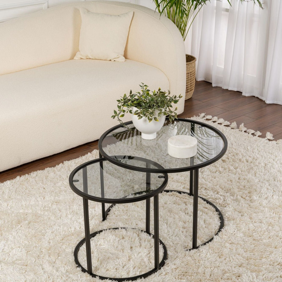 Coffee Tables - Modern Round Coffee Table Set of 2 Uru Black - Gray Glass - 60/42 cm - Dimehouse