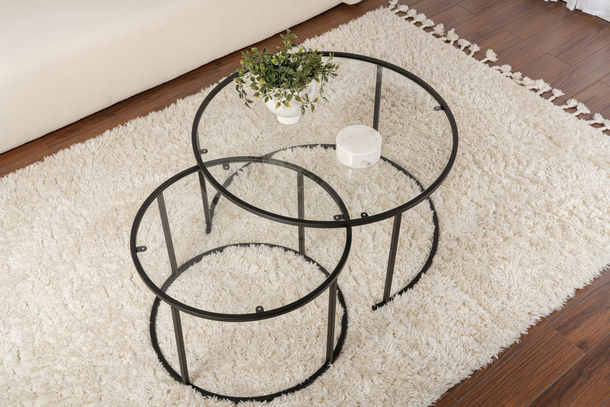 Coffee Tables - Modern Round Coffee Table Set of 2 Uru Black - Transparent Glass - 80/60 cm - Dimehouse