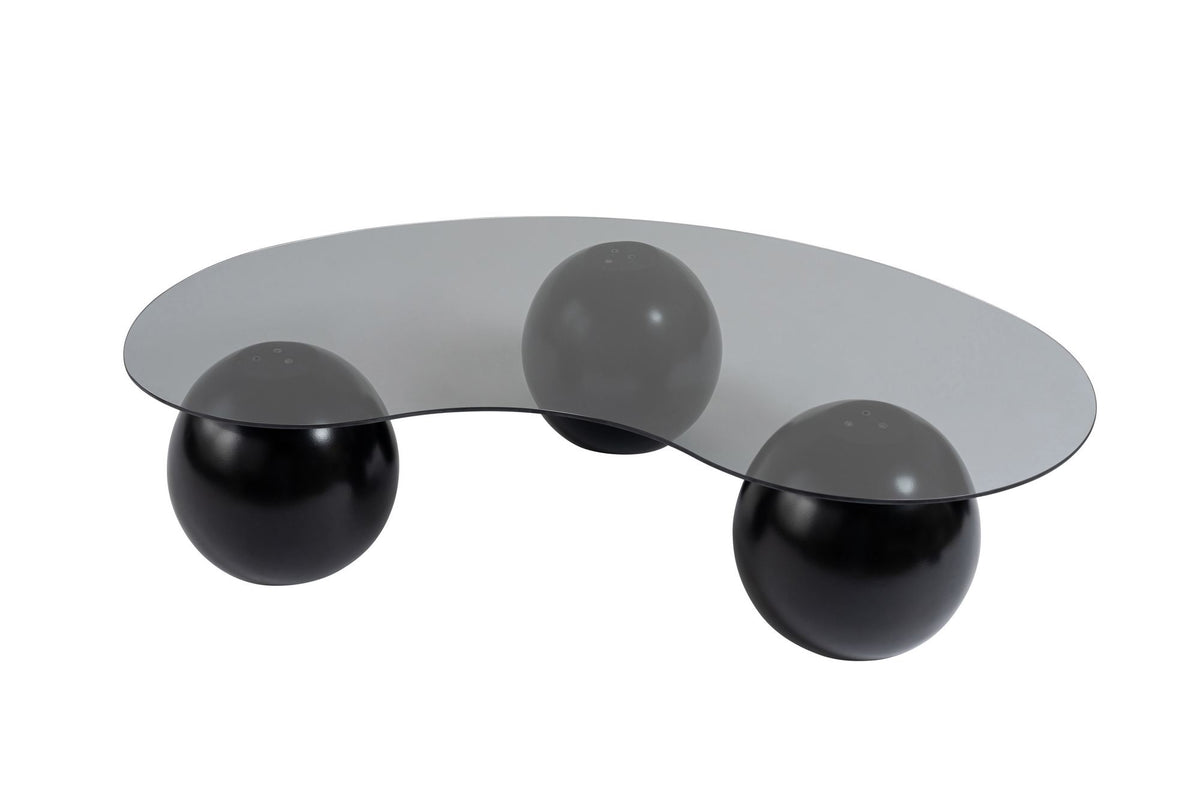 Coffee tables - Organic coffee table gray tinted glass black ball legs Sphere 120x70 cm - Dimehouse