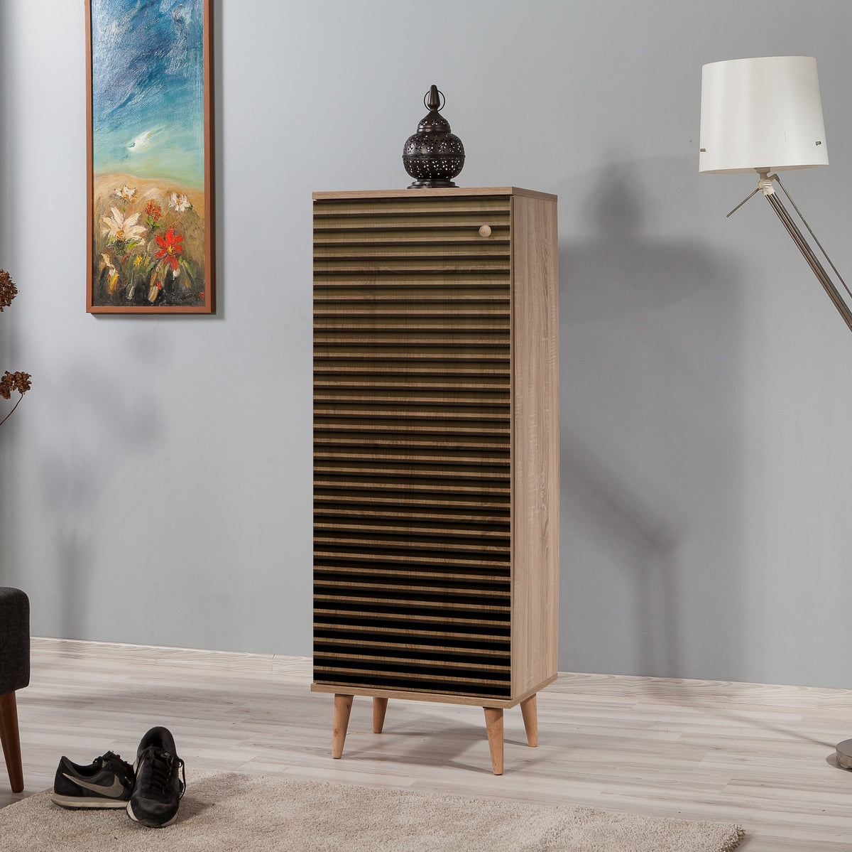 Shoe cabinets - Shoe cabinet Filinta Sonoma Oak Striped Melamine 50x135x38 cm - Dimehouse
