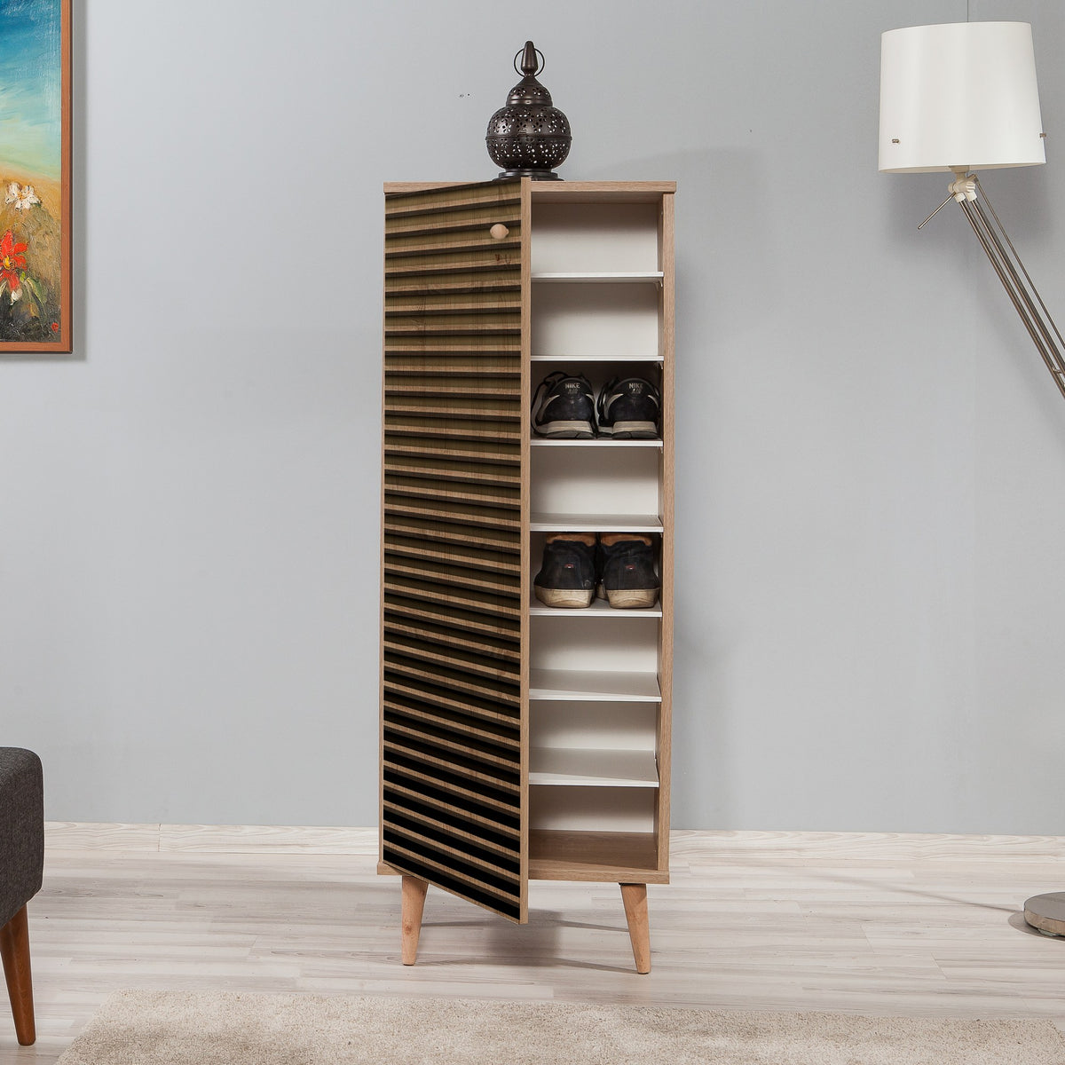 Shoe cabinets - Shoe cabinet Filinta Sonoma Oak Striped Melamine 50x135x38 cm - Dimehouse