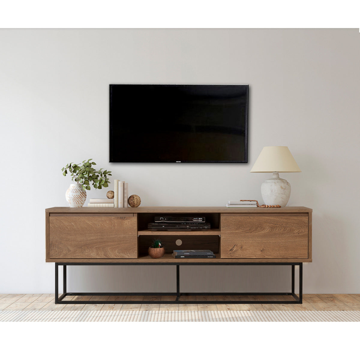 TV Furniture - TV Furniture Rodez Walnut Black Melamine 140x50x40 cm - Dimehouse
