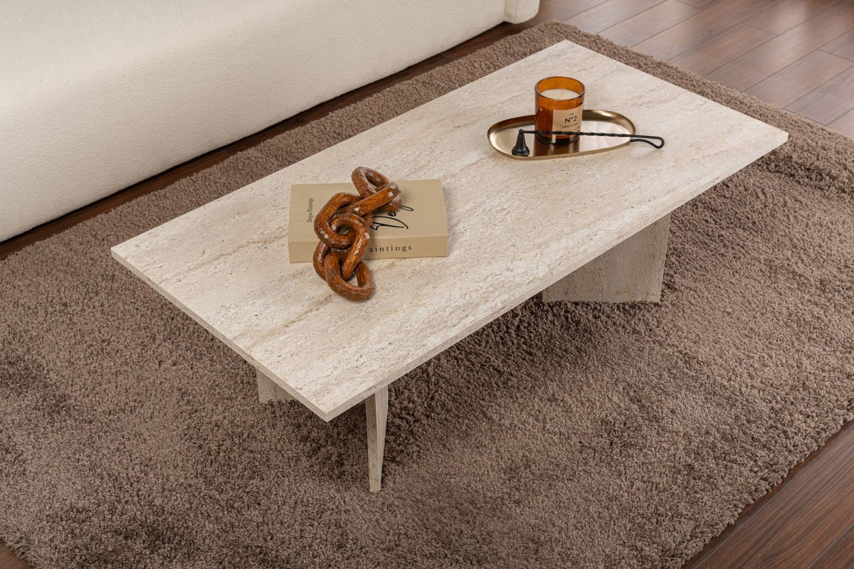 Coffee tables - Rectangular coffee table travertine melamine Sabin 119x60 cm - Dimehouse