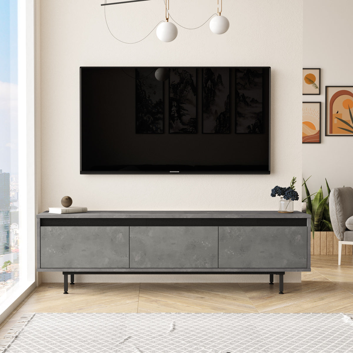 TV Furniture - TV Furniture Maya Silver Black Melamine 160x45.2x35.5 cm - Dimehouse