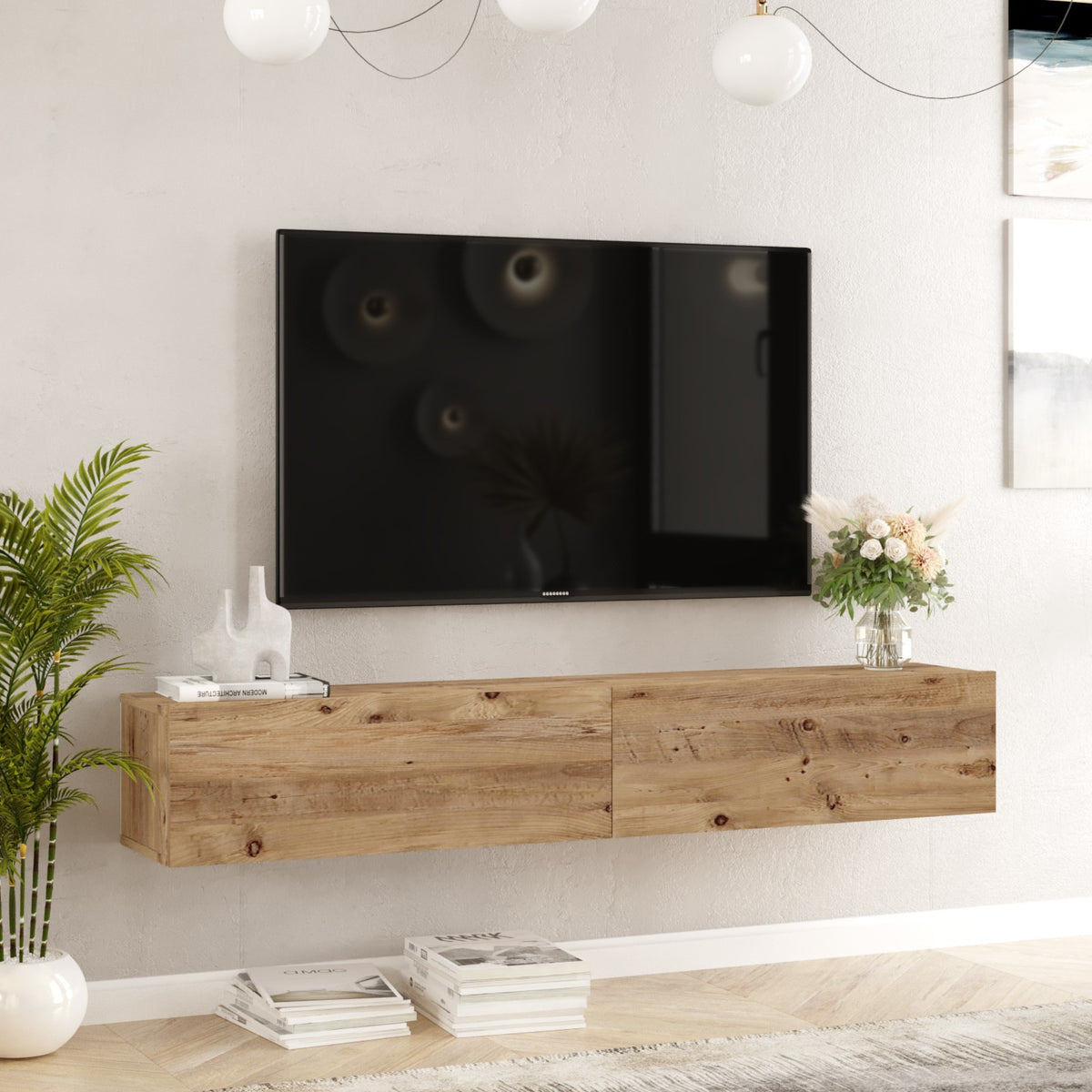 TV Furniture - Floating TV Furniture Turin Atlantic Pine Melamine 180x29.6x31.6 cm - Dimehouse