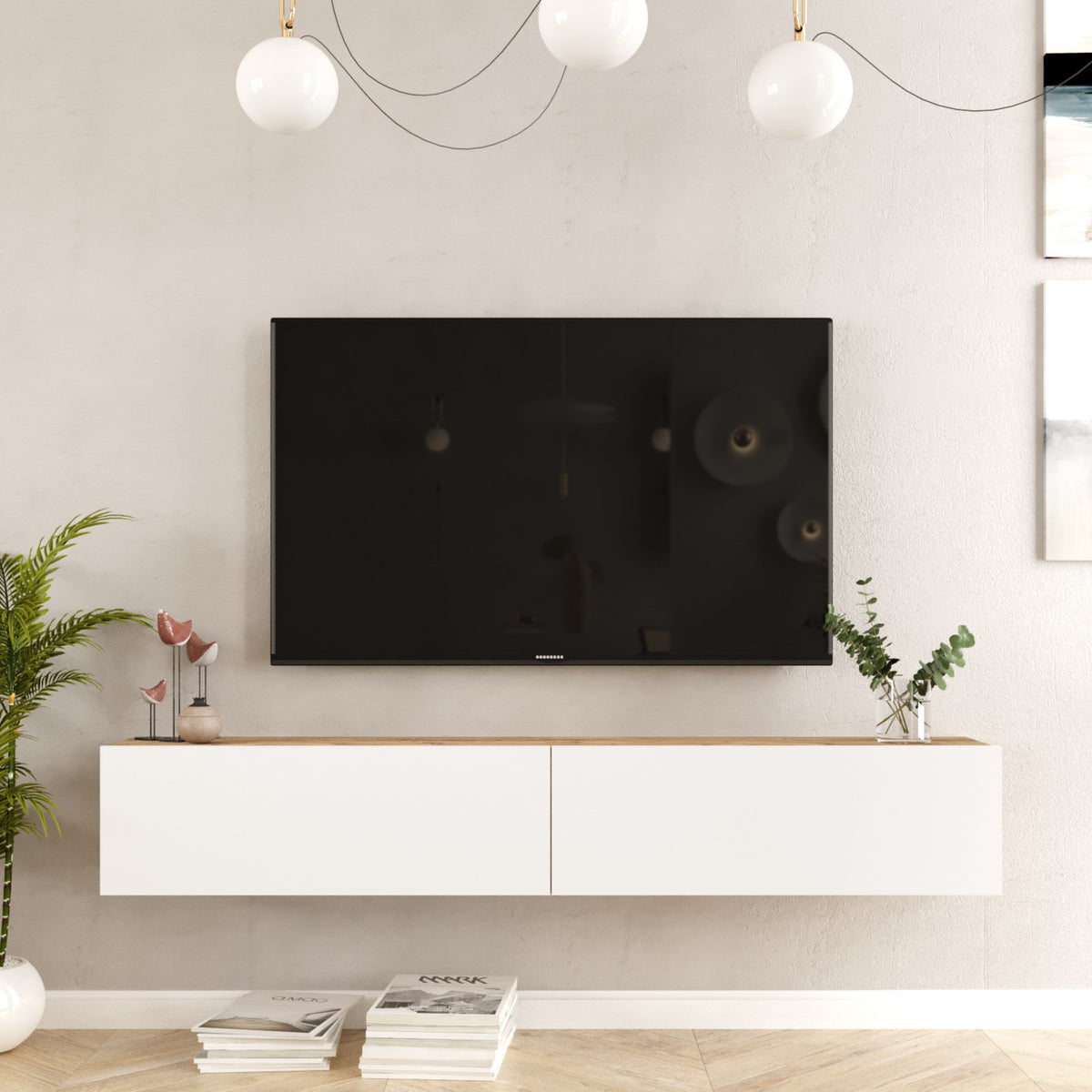 TV Furniture - Floating TV Furniture Turin Atlantic Pine White Melamine 180x29.6x31.6 cm - Dimehouse