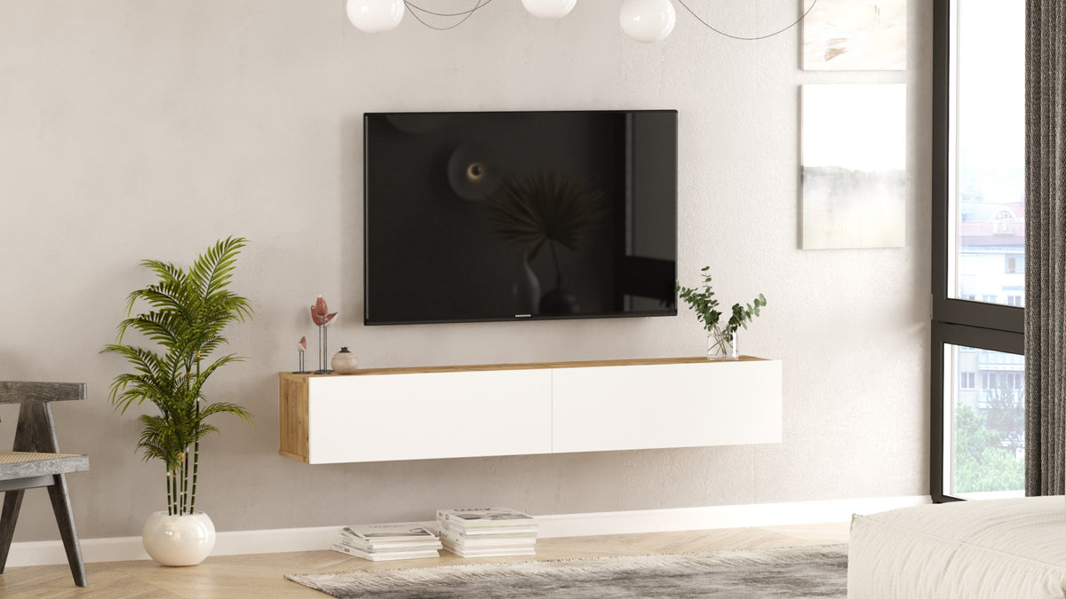 TV Furniture - Floating TV Furniture Turin Atlantic Pine White Melamine 180x29.6x31.6 cm - Dimehouse