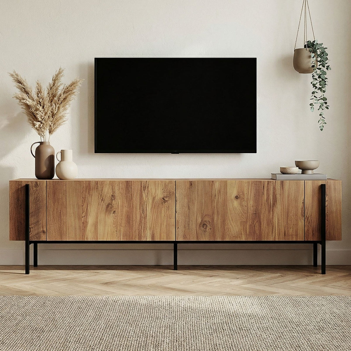 Nexus TV cabinet oak look with black 180 cm Atlantic Pine oak look and black Melamine coated wood composite