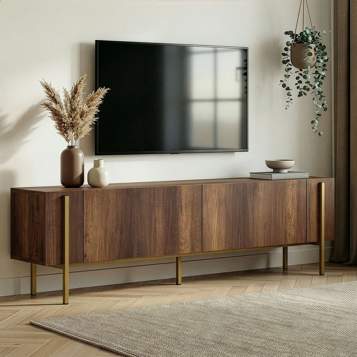 Nexus TV cabinet walnut look with gold 180 cm Baroque walnut look with gold Melamine-coated wood