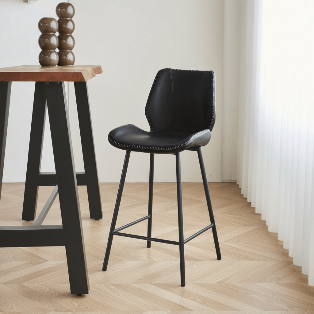 Beau Industrial Bar Stool Black Faux Leather - 67 cm Seat Height - Without Armrests atmospheric photo in modern interior