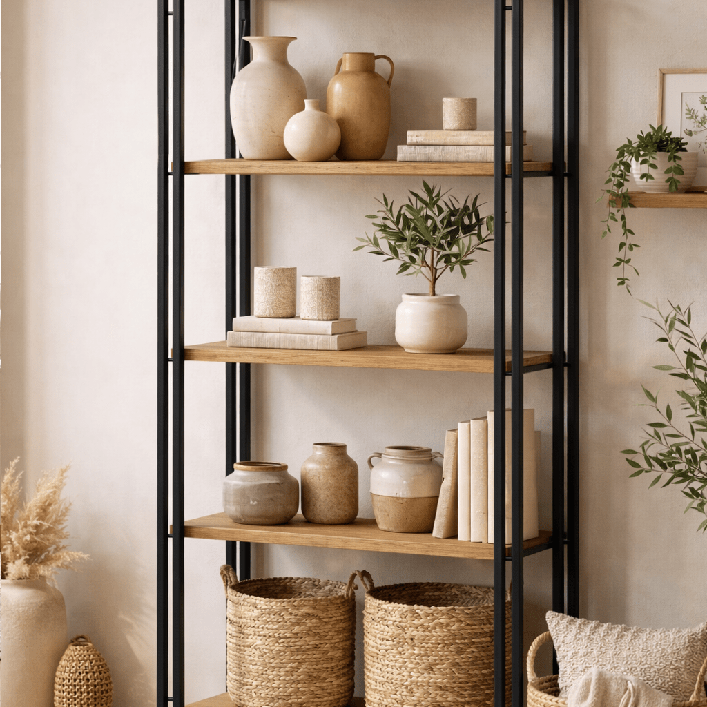 Bookcases - Industrial bookcase pine wood melamine black metal Cosmo 60x180x35 cm - Dimehouse