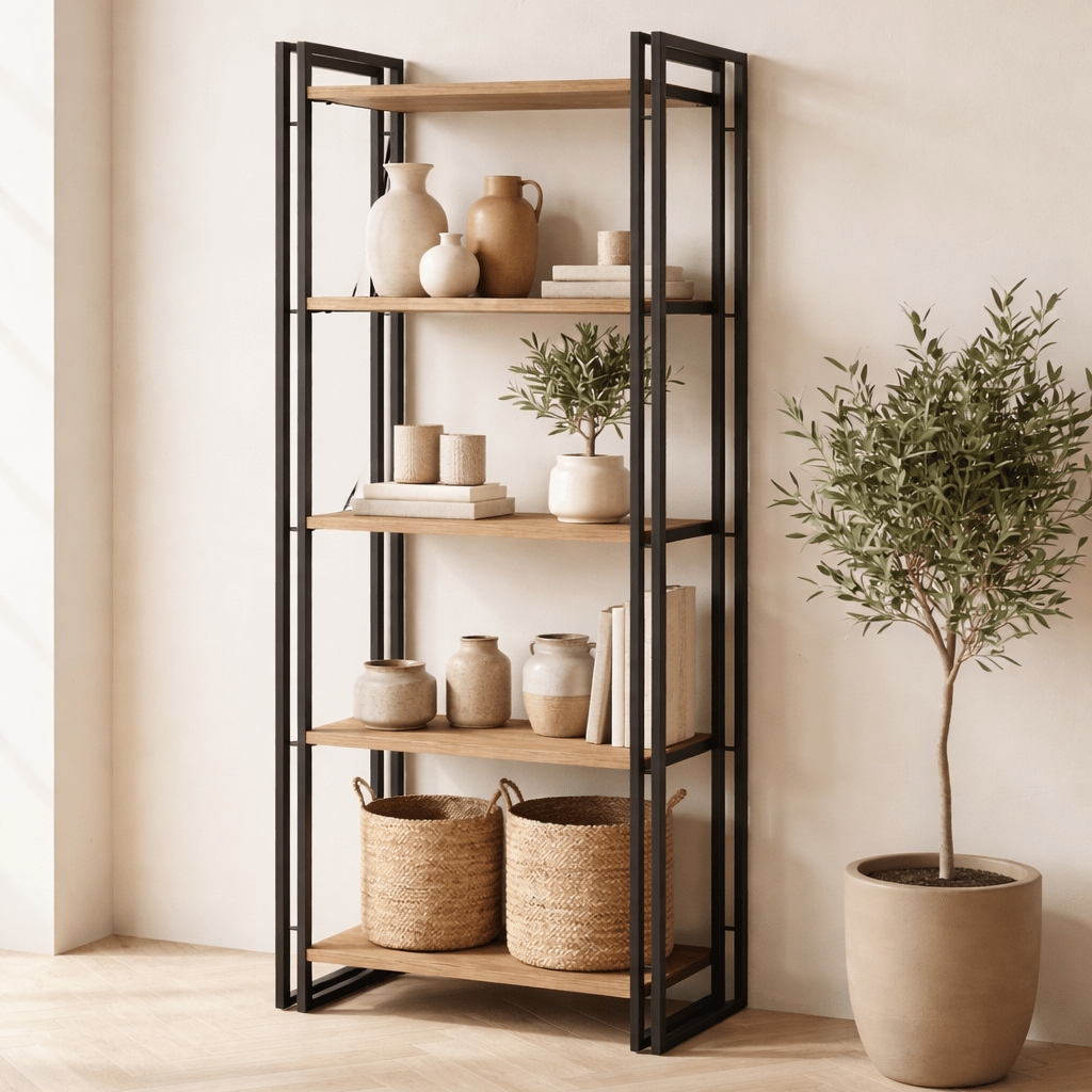 Bookcases - Industrial bookcase pine wood melamine black metal Cosmo 60x180x35 cm - Dimehouse