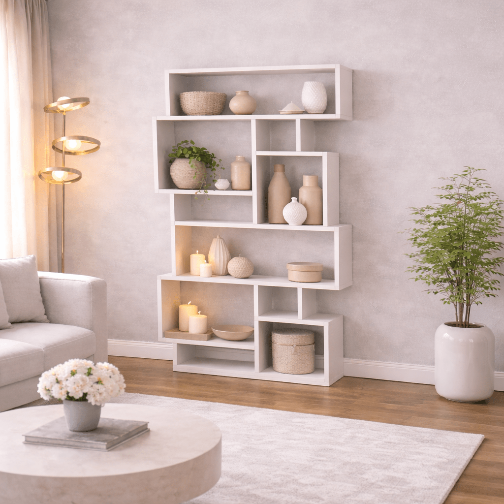 Bookcases - Asymmetric bookcase white melamine Karmato 96x168.5x25.5 cm - Dimehouse