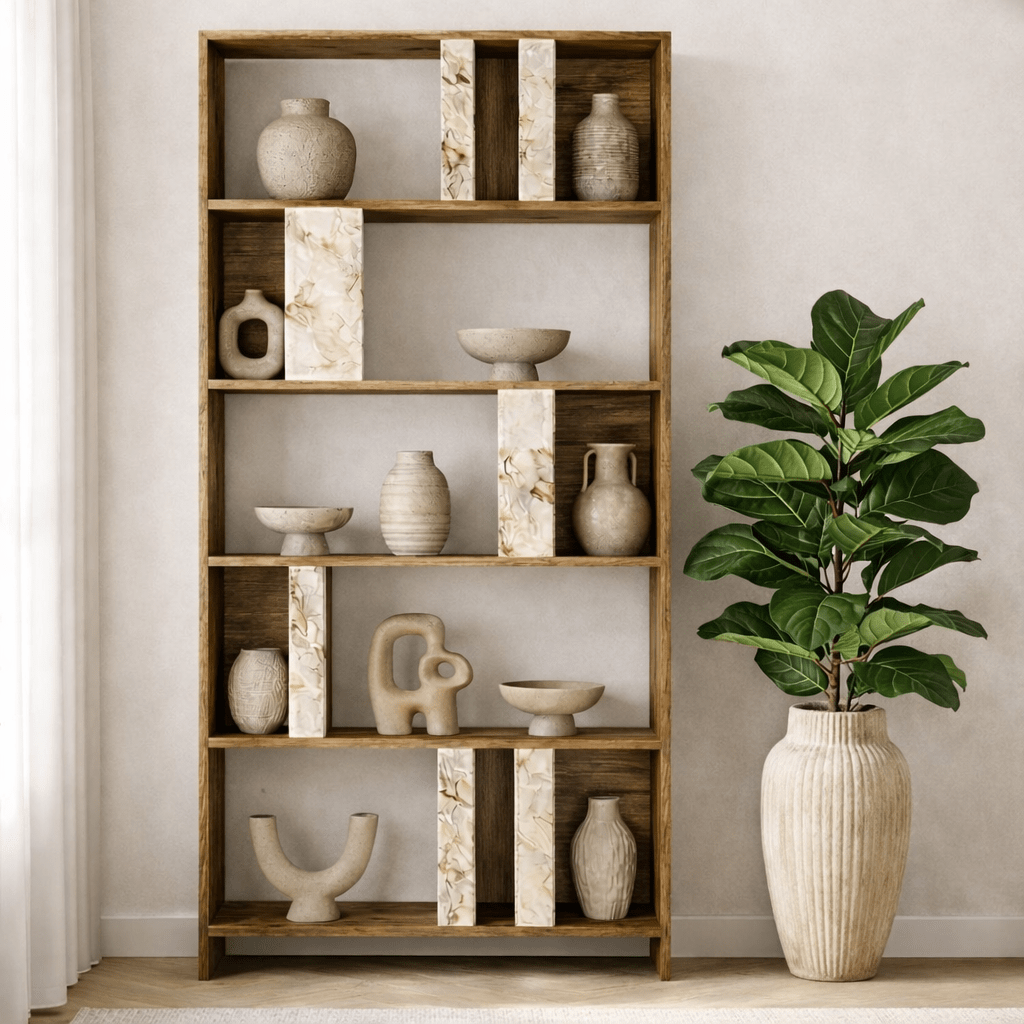 Bookcases - Asymmetrical bookcase marble look walnut melamine Lima 90x180x20 cm - Dimehouse