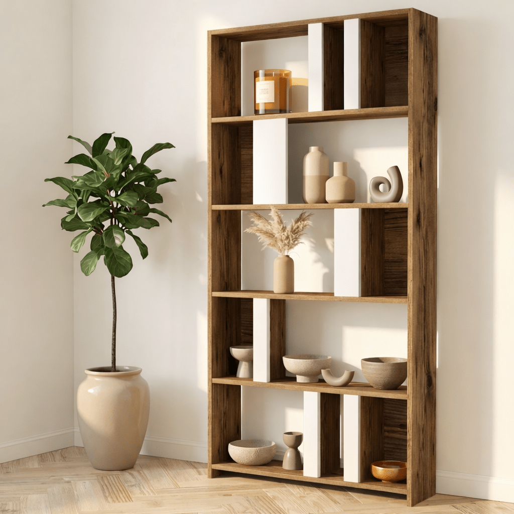 Bookcases - Asymmetrical bookcase white walnut melamine Lima 90x180x20 cm - Dimehouse