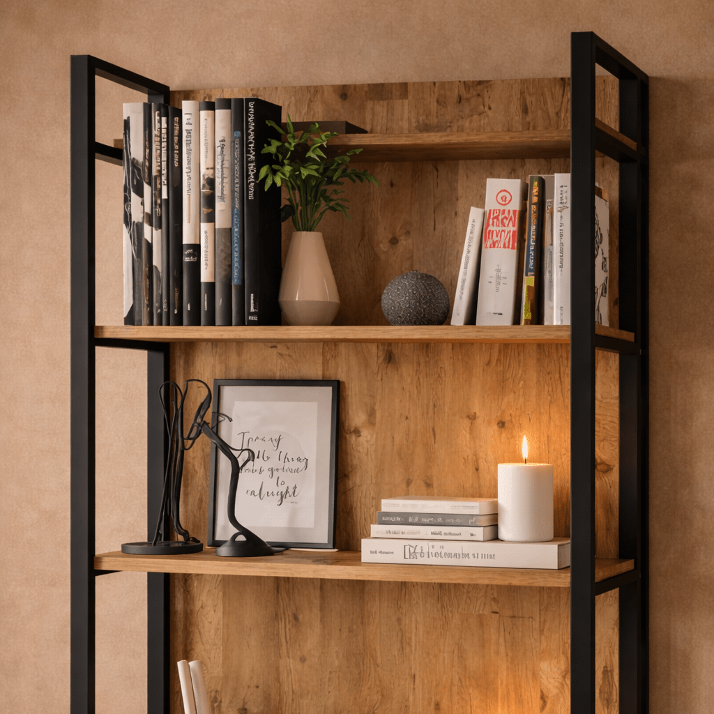 Bookcases - Industrial bookcase with shelves and closed storage compartment pine wood melamine Lyra 90x180x34 cm - Dimehouse