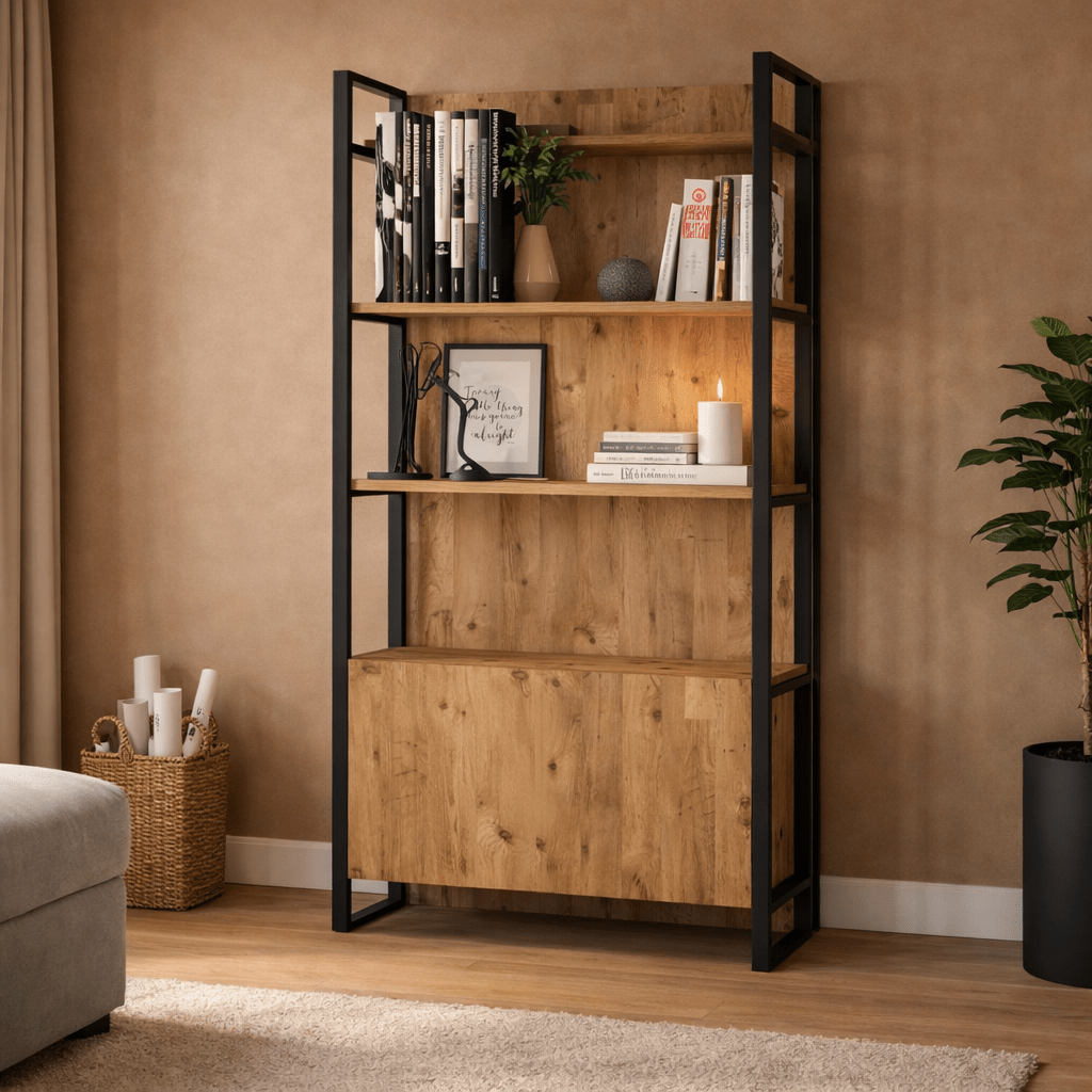 Bookcases - Industrial bookcase with shelves and closed storage compartment pine wood melamine Lyra 90x180x34 cm - Dimehouse