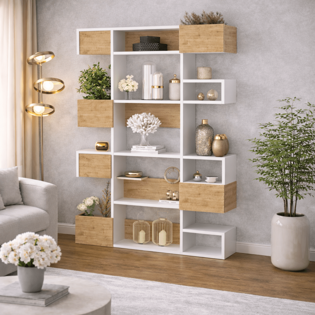 Bookcases - Modern bookcase with asymmetrical compartments white oak melamine Niho 120x171x20 cm - Dimehouse