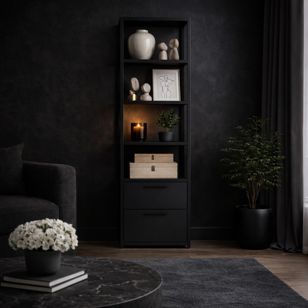Bookcases - Bookcase Robbins Black Black Anthracite Melamine 39x160x39 cm - Dimehouse