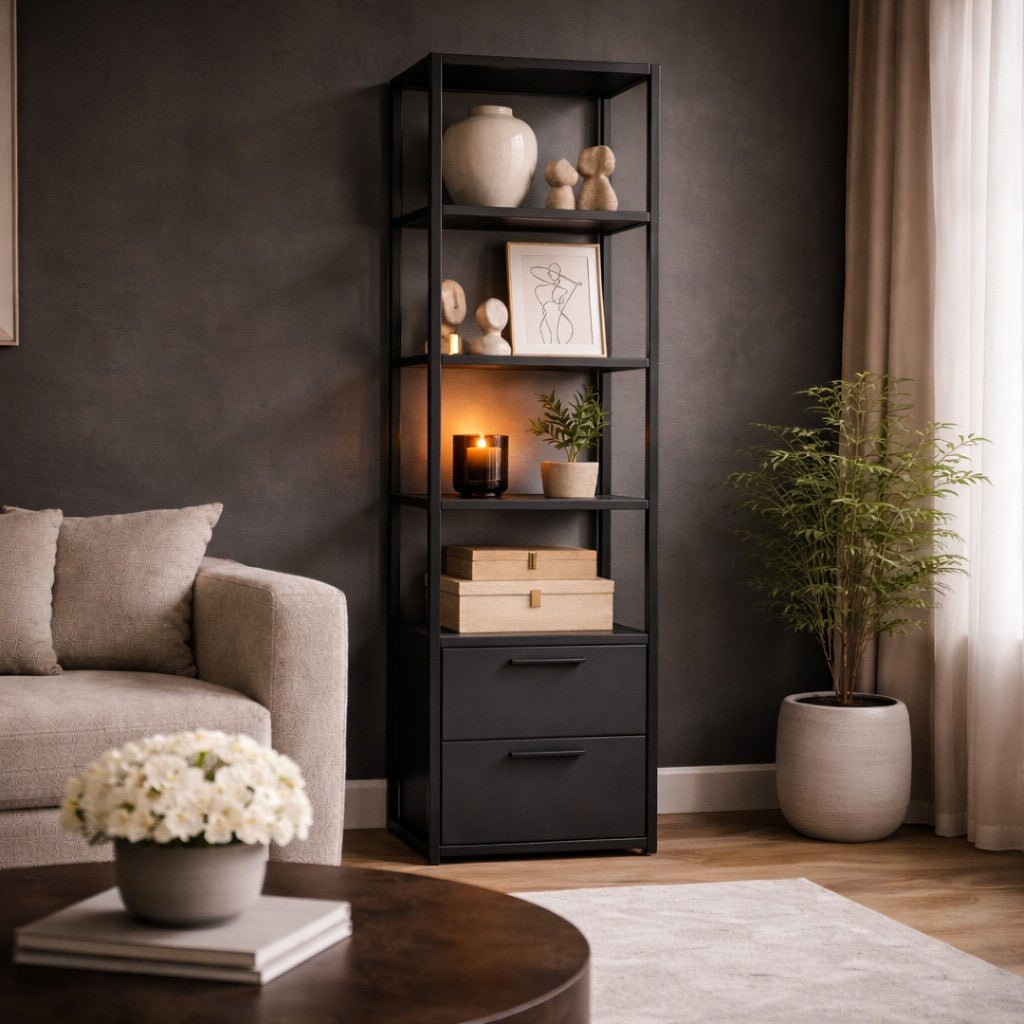 Bookcases - Bookcase Robbins Black Black Anthracite Melamine 39x160x39 cm - Dimehouse