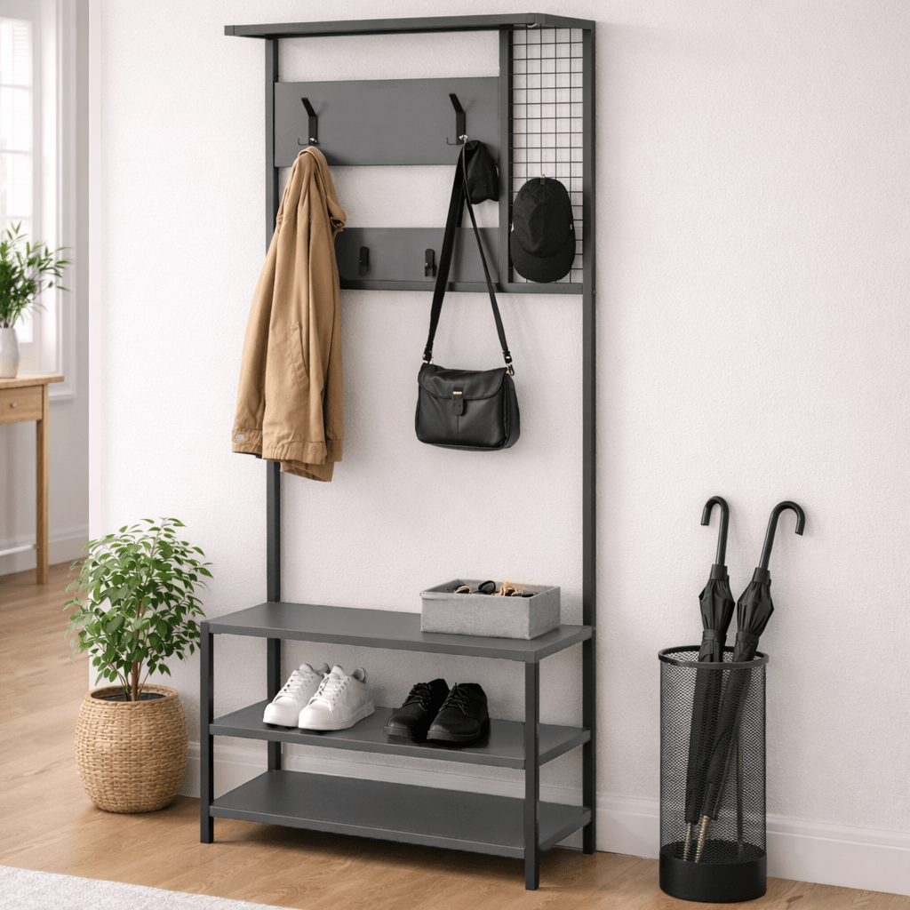 Coat Racks - Wardrobe Furniture Coat Rack Anthracite Melamine Novad - With Shelves - Dimehouse