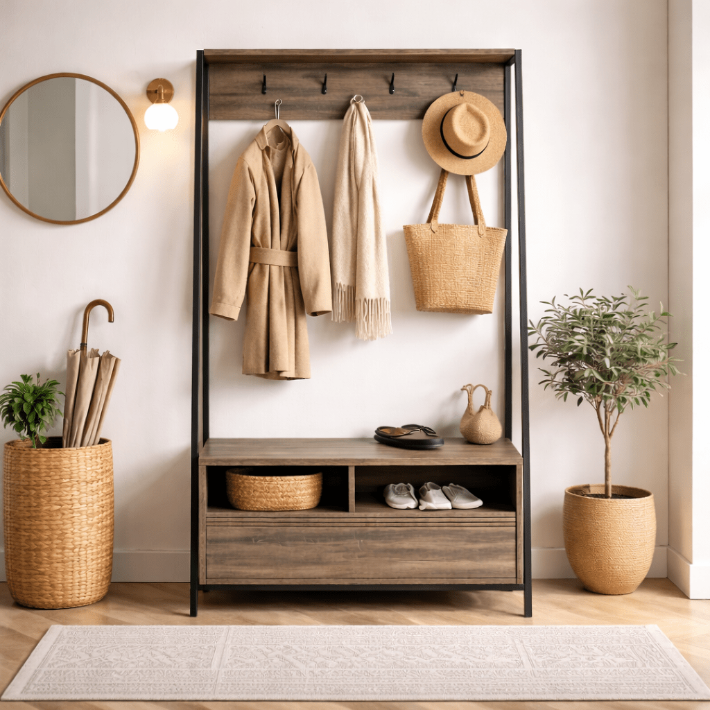 Coat Racks - Wardrobe Furniture Coat Rack Walnut Melamine Devon - With Compartments and Drawer - Dimehouse