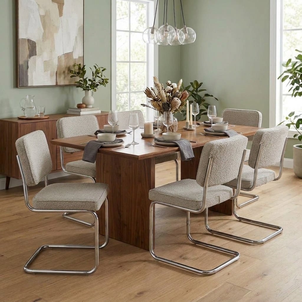 Modern Dining Chair Sand Color Bouclé Fabric Sway - Chrome Frame - Without Armrests