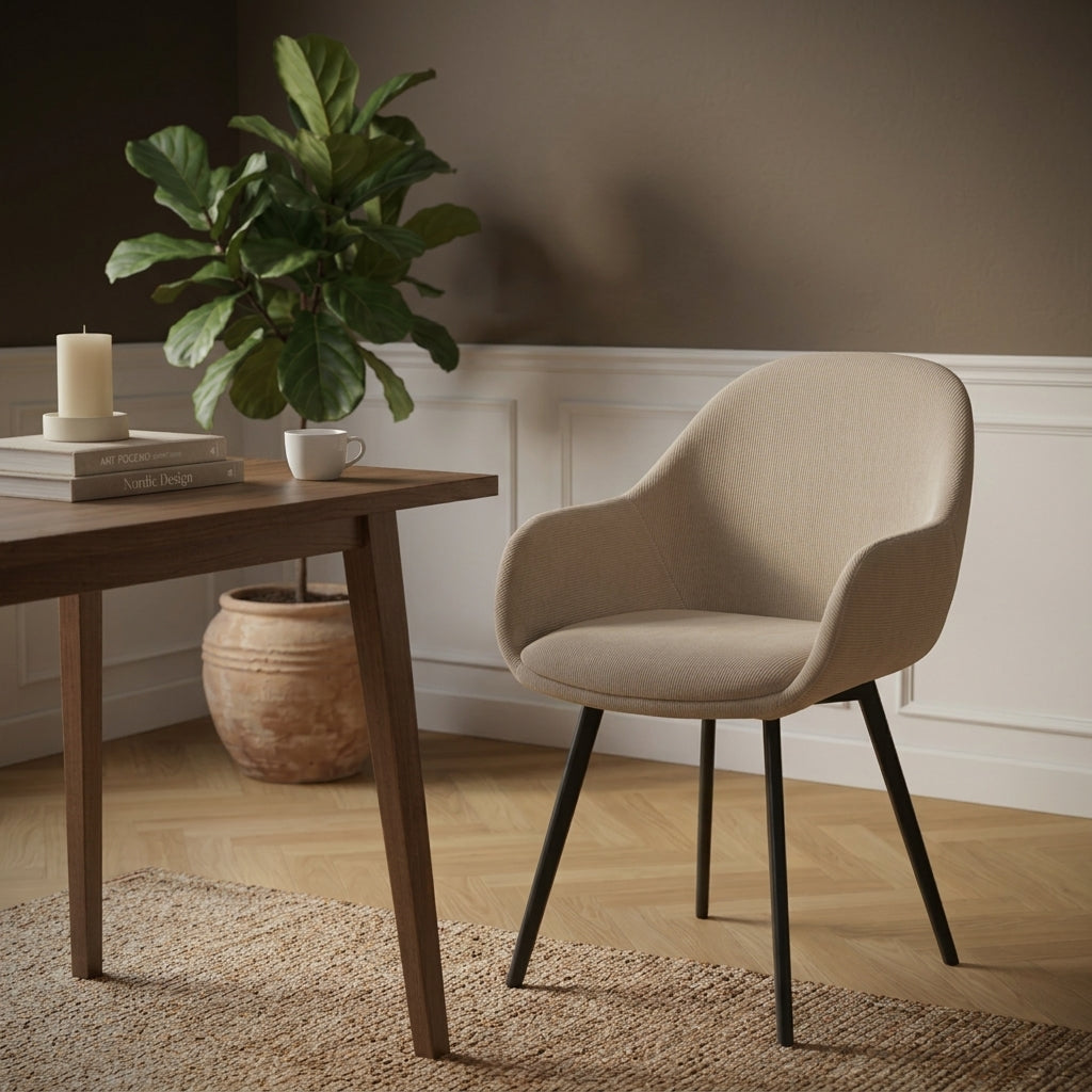 Set of 4 Modern Dining Chairs Remy Ribbed Fabric Taupe - With Armrests