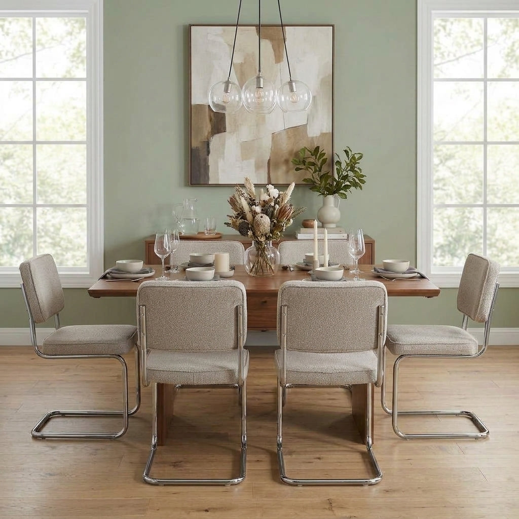 Modern Dining Chair Sand Color Bouclé Fabric Sway - Chrome Frame - Without Armrests