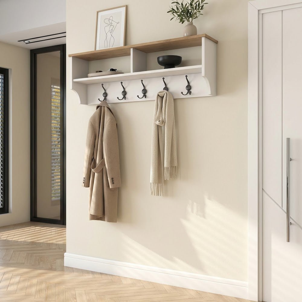 Coat racks - Coat rack White with Oak Melamine 15 - angled and two compartments - Hally - Dimehouse