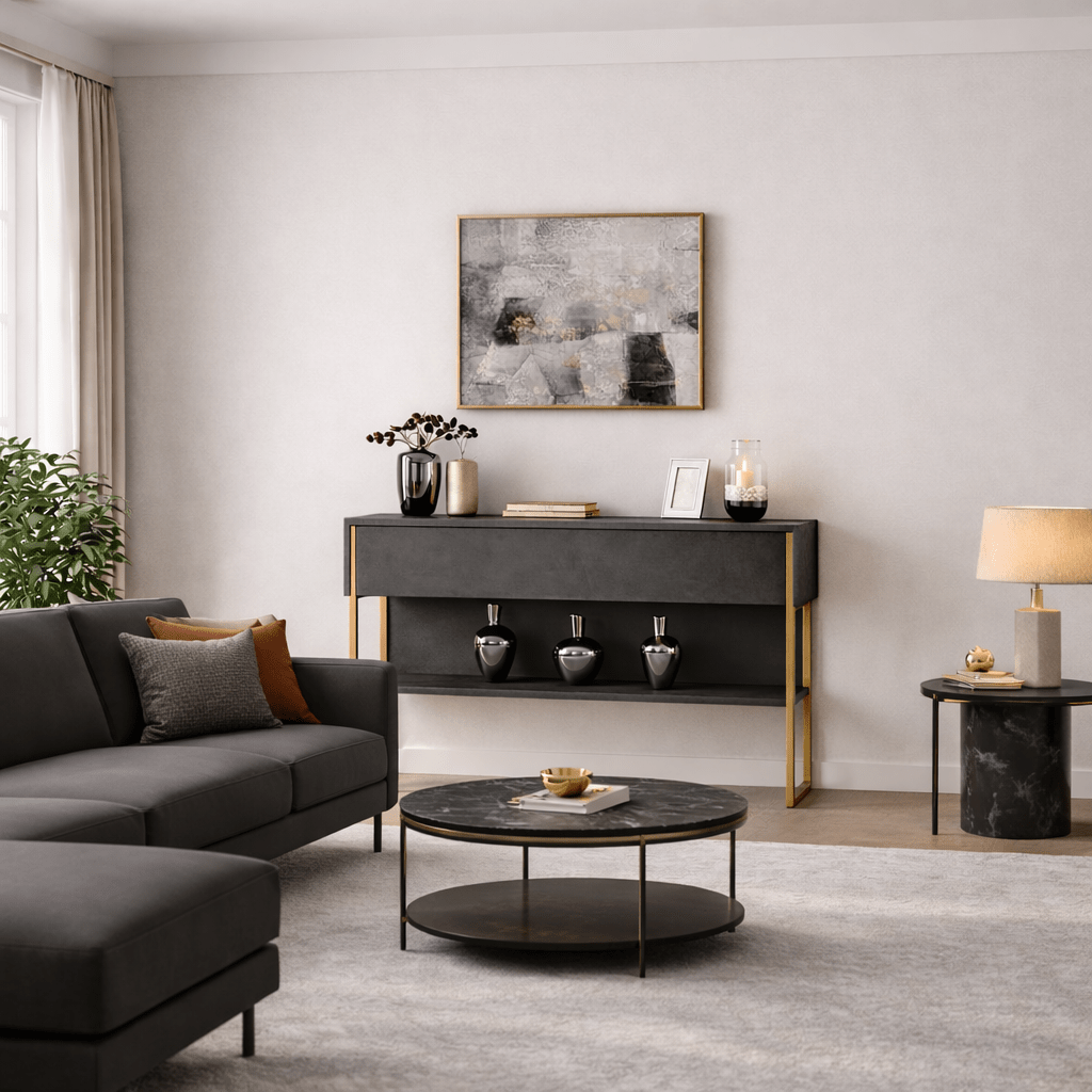Sideboards - Modern Sideboard Anthracite Luxury 120x80x30 - Golden Frame - One Compartment - Dimehouse