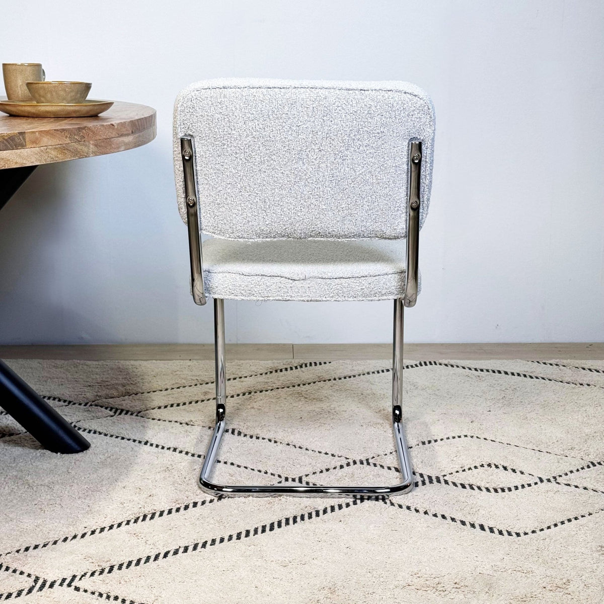 Dining room chairs - Modern Dining room chair Gray Bouclé Fabric Sway - Chrome Frame - Without Armrests - Dimehouse