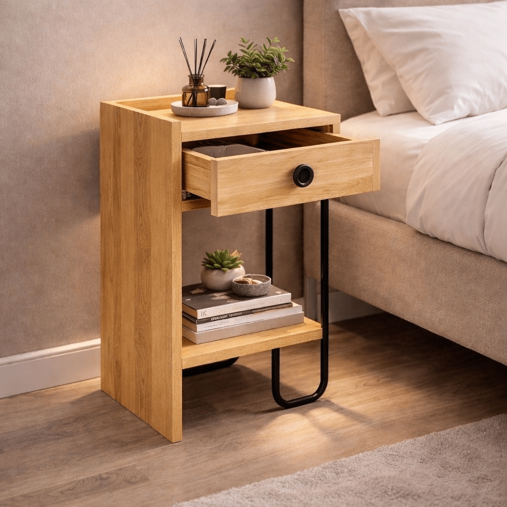 Bedside tables - Bedside table Sirius Left Oak Melamine 32x61x30 cm - Dimehouse