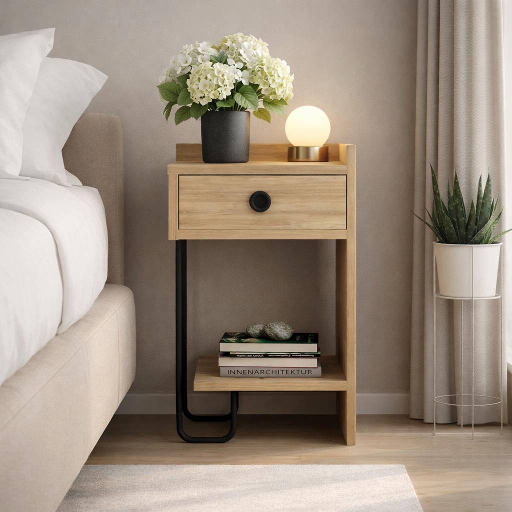 Bedside tables - Bedside table Oak Melamine - With drawer - Right - 32x61x30 cm - Sirius - Dimehouse
