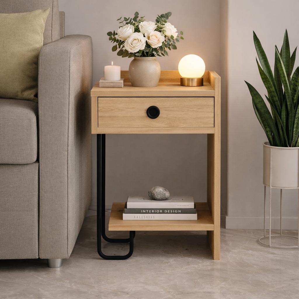 Bedside tables - Bedside table Oak Melamine - With drawer - Right - 32x61x30 cm - Sirius - Dimehouse