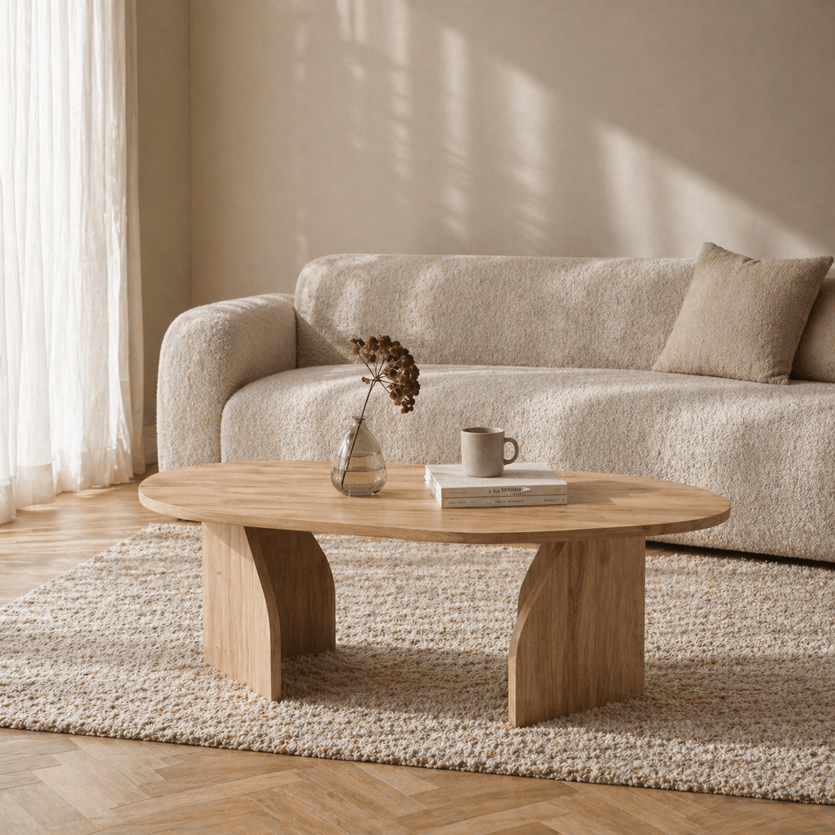 Coffee tables - Organic Coffee Table Oak Melamine Japandi - 105x65 cm - Rack - Dimehouse