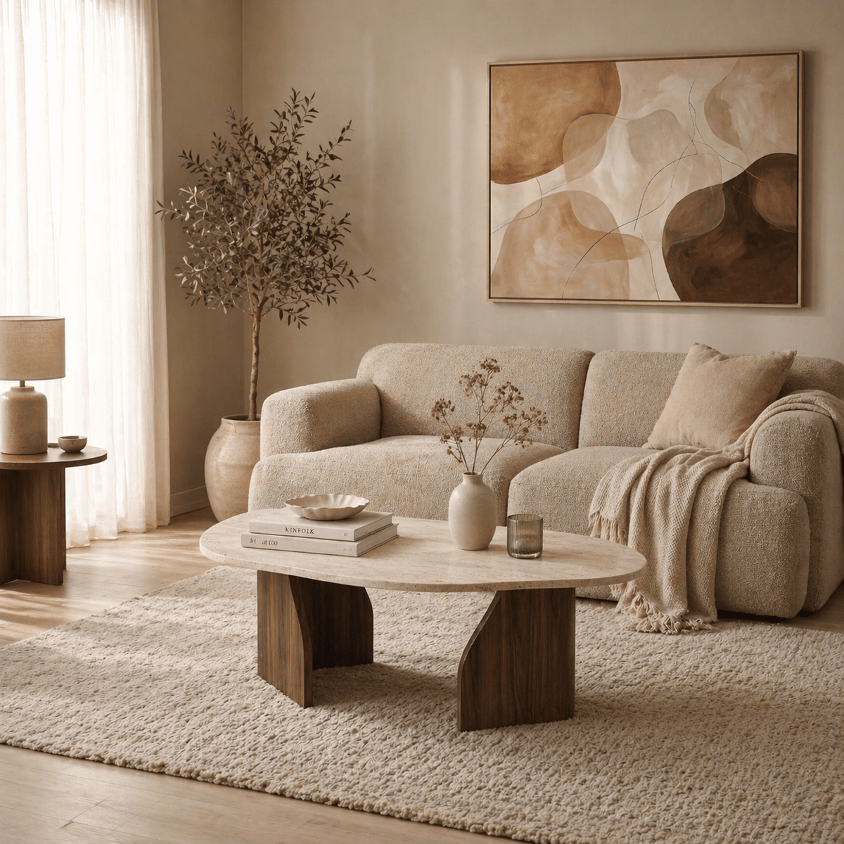 Coffee Tables - Organic Coffee Table Japandi Walnut with Travertine Melamine - 105x65 cm - Rack - Dimehouse