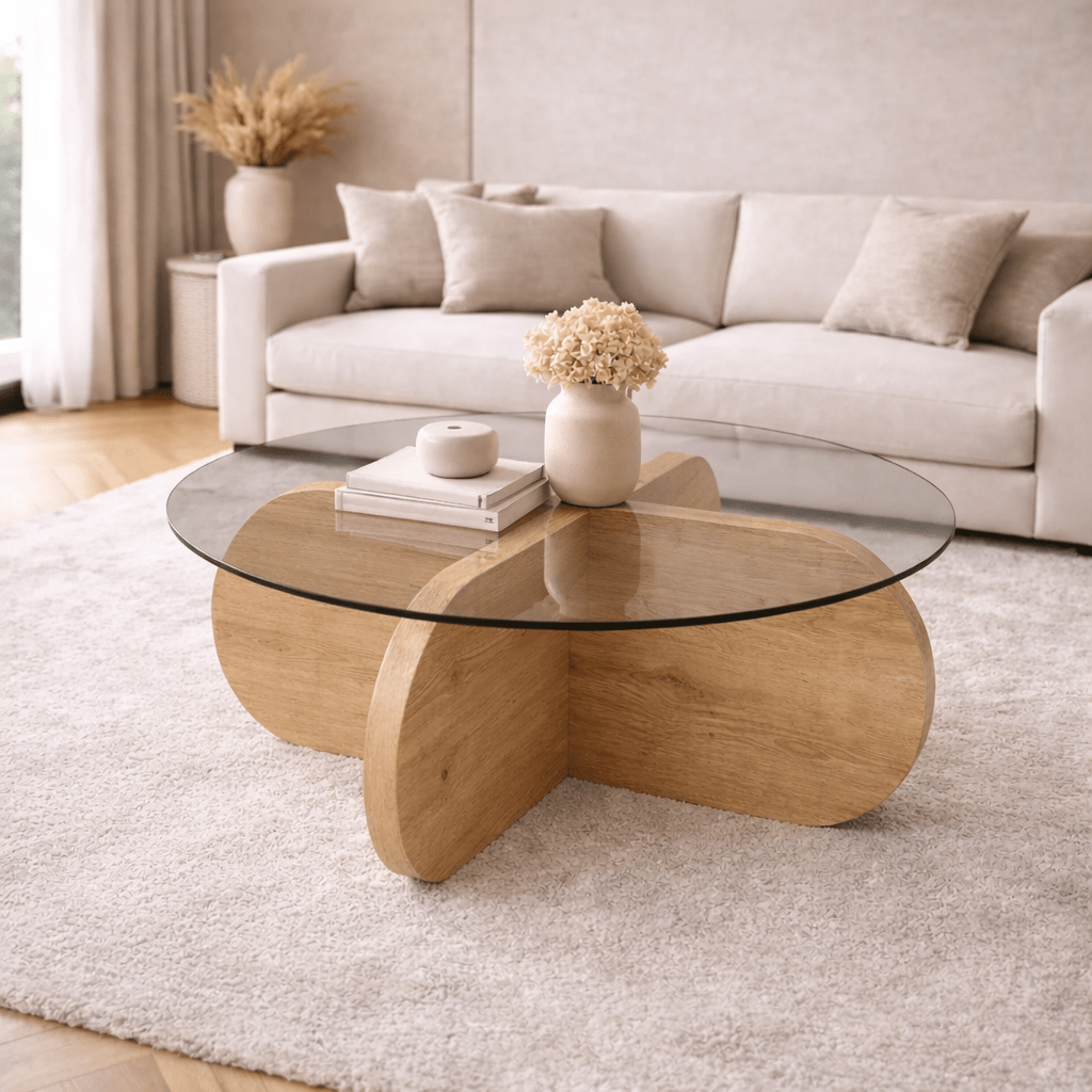 Coffee tables - Round coffee table Aris oak look melamine and transparent glass 75 cm - Dimehouse