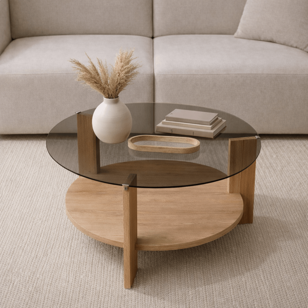 Coffee tables - Round coffee table oak melamine smoked glass Ø75 cm - Cairo - Dimehouse
