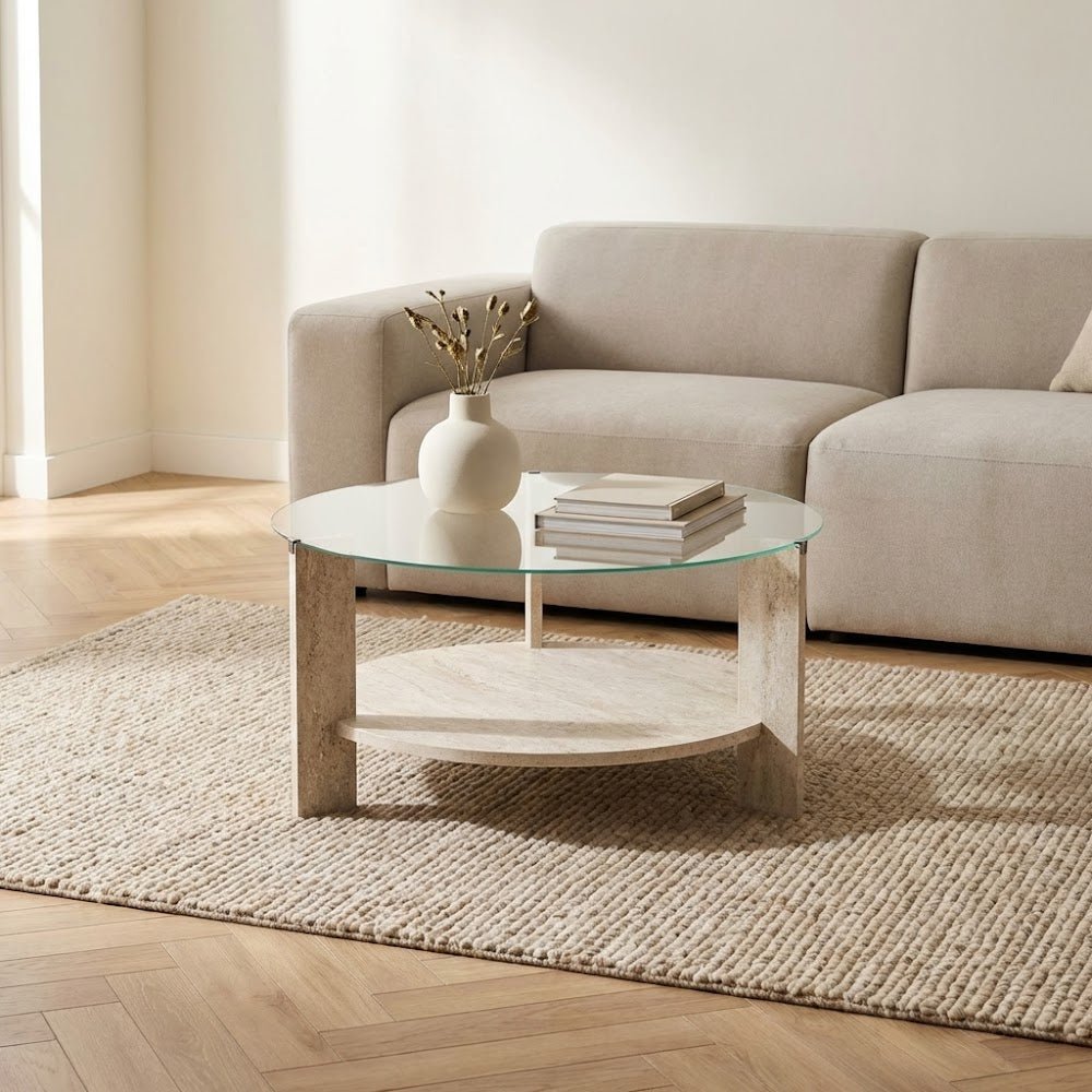Coffee tables - Round coffee table travertine melamine transparent glass Ø75 cm - Cairo - Dimehouse