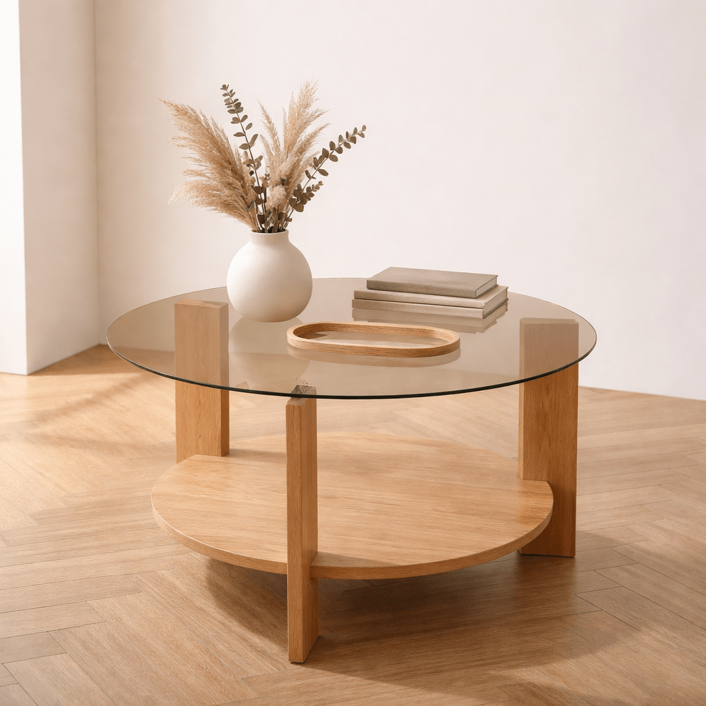 Coffee tables - Round coffee table oak melamine smoked glass Ø75 cm - Cairo - Dimehouse