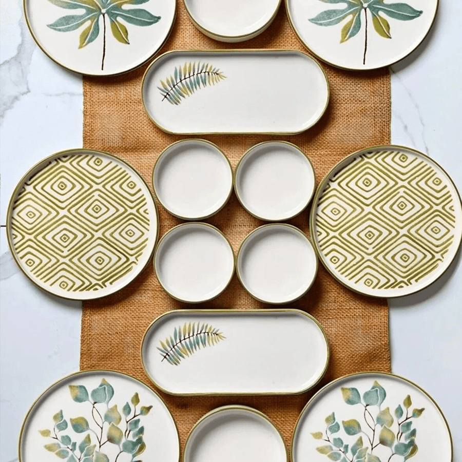 Breakfast Set (14 Pieces) - Ceramic tableware set - 14 pieces - Botanical green - Leave - Dimehouse