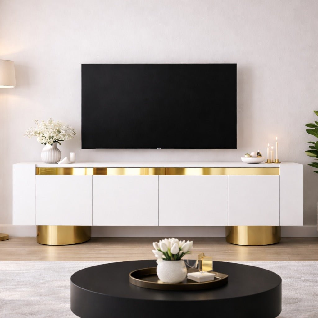 TV Furniture - TV Furniture White Bohem 180x50x30 - Golden Frame - Dimehouse