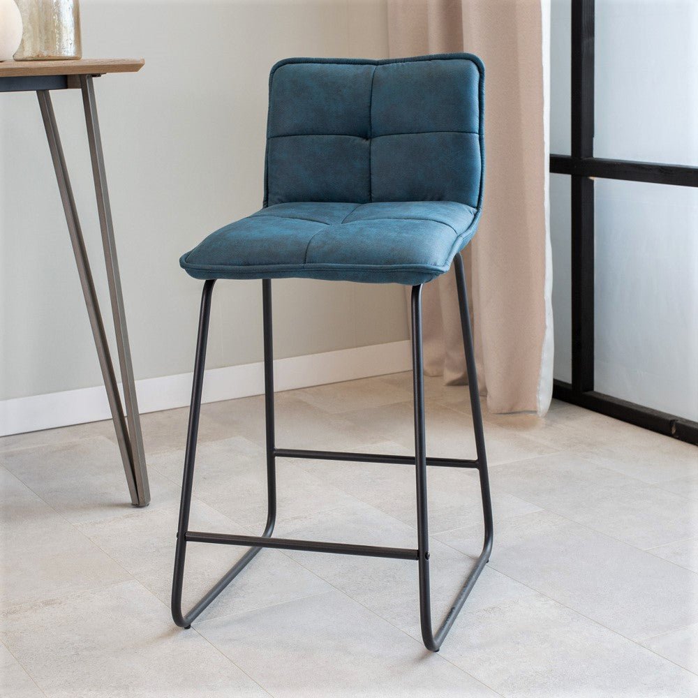 Bar Stools - Industrial Bar Stool Blue Jelle Microfiber Fabric - Seat Height 65 cm - Without Arm - Dimehouse