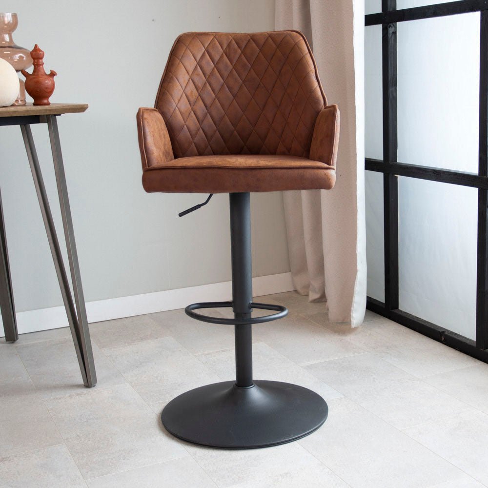 Bar Stools - Swivel Bar Stool Cognac Microfiber Fabric Novan - Adjustable - With Armrests - Dimehouse