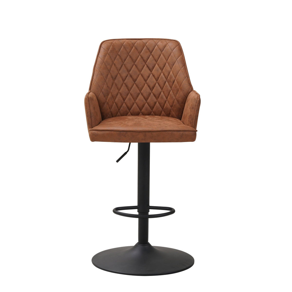 Bar Stools - Swivel Bar Stool Cognac Microfiber Fabric Novan - Adjustable - With Armrests - Dimehouse