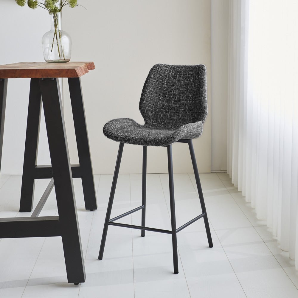 Bar stool Beau chenille Dimehouse Dark gray LxWxH 82x54x52 Fabric Atmospheric photo diagonal front view