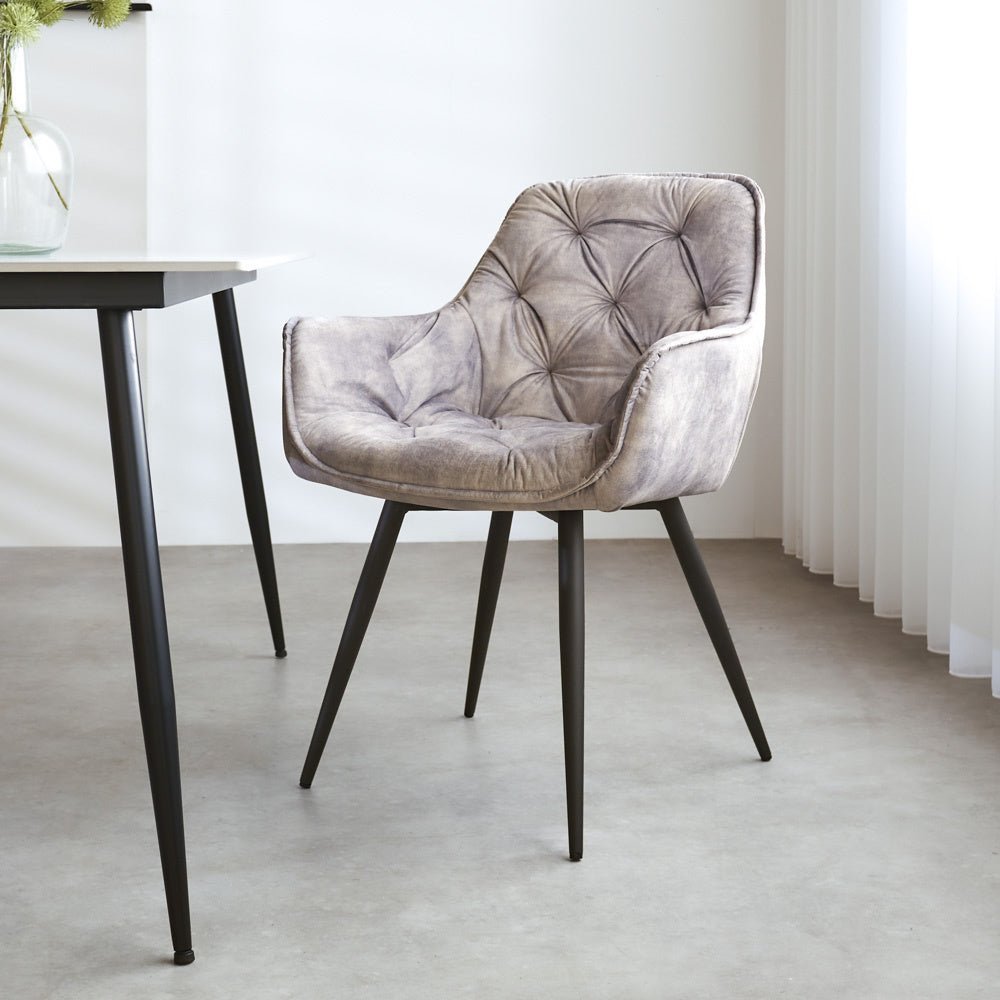 Dining room chair Audrey Dimehouse Gray LxWxH 71x68x49 Fabric Atmospheric photo diagonal front view