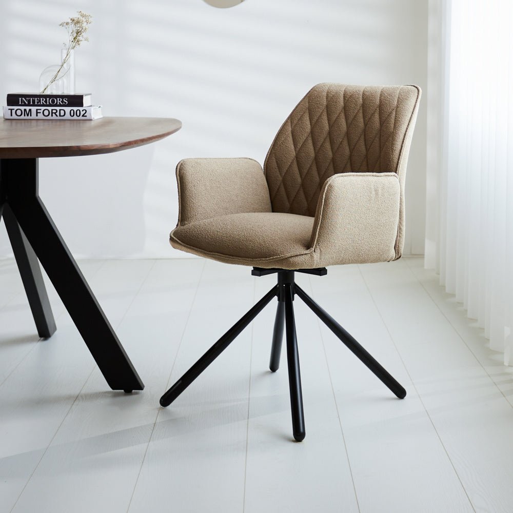 Dining room chair Novan bouclé Dimehouse Taupe LxWxH 67x59x57 Fabric Atmospheric photo diagonal front view