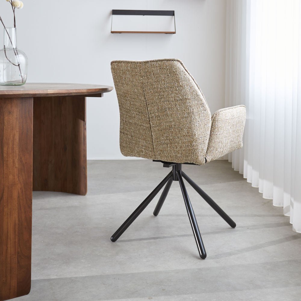 Dining room chair Novan chenille Dimehouse Beige LxWxH 71x64x56 Fabric Atmospheric photo diagonal rear view